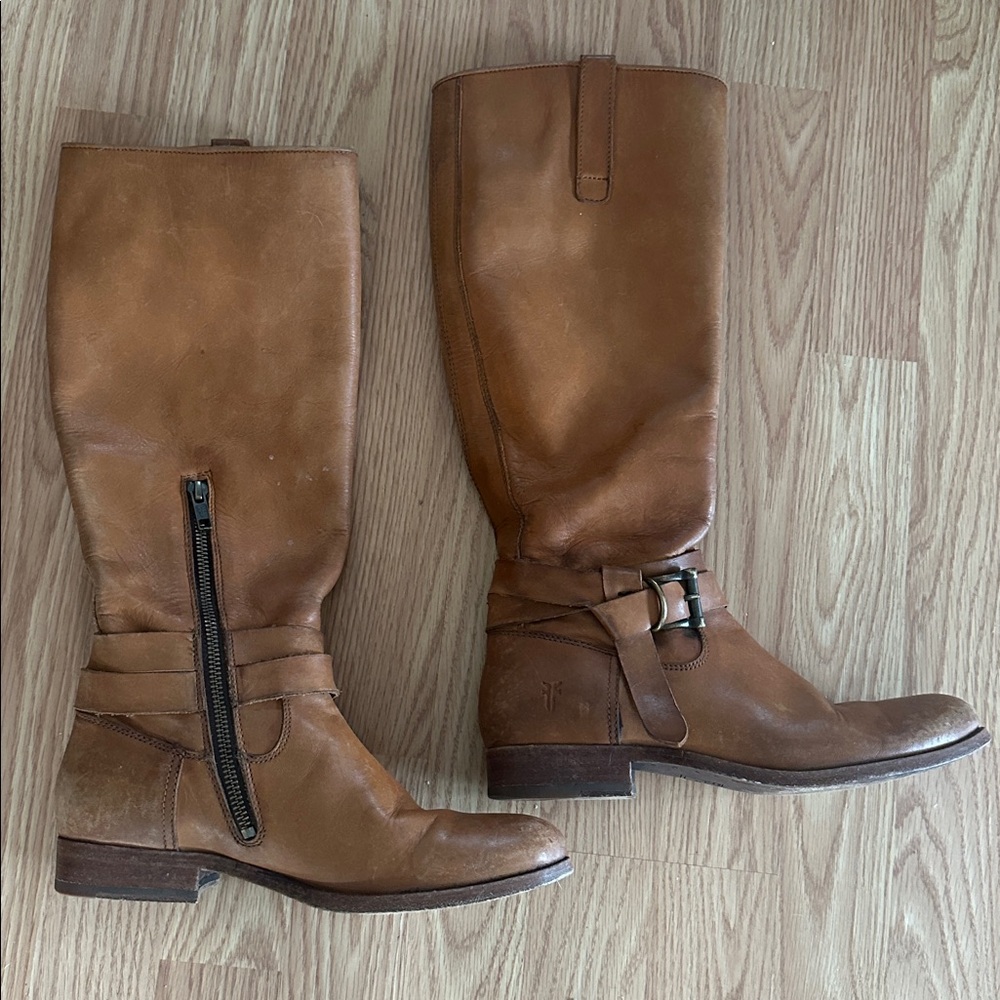 Frye Brown Leather Mid-Calf Harness Boots